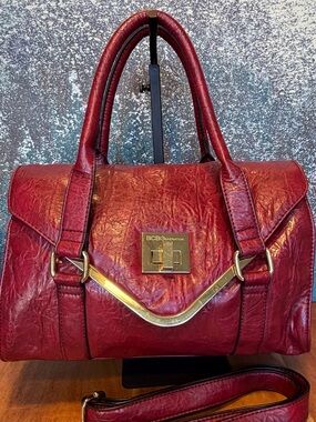 BCBGeneration Polished Structured Turn Lock Satchel Faux Leather Burgundy/Gold